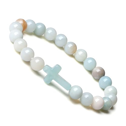 XIANNVXI Crystal Bracelet for Women Men 8 mm Natural Stone Beaded Bracelets Cat Bracelets Cross Bracelets Heart Bracelelt Jewelry for Women Birthday Gifts Stretch Bracelet - color: Blue - Amazonite