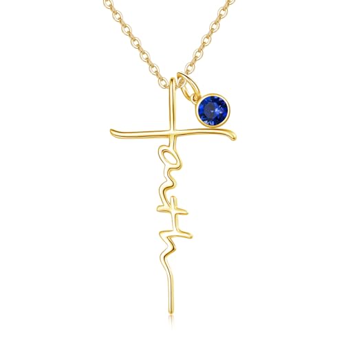 PRAYMOS Faith Cross Necklace for Women 925 Sterling Silver Pendant Necklace With Birthstone Initial Christian Religious Confirmation Baptism Mothers Day Gifts - color: 3-18K Gold Plated September(Sapphire)