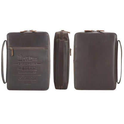Polare Full Grain Cowhide Leather Bible Cover Church Bag Bible Protective Book Holder Carrying Case Folder Organizer Portfolio (Dark Brown(Lord is My Strength & Defense)) - style: Dark Brown(Lord is My Strength & Defense)
