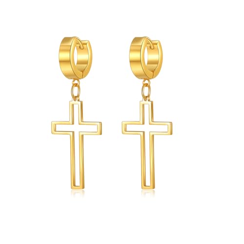Gold Cross Earrings for Men - Stainless Steel Gold Plated | Hypoallergenic Dangle Cross Earrings Jewelry | Daily Wear & Birthday Gifts - color: Gold-Huggie