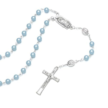 KOMI 6mm Glass Pearl Rosary Beads Catholic for Women with Metal Rosary Box Religious Gifts - style: Guadalupe-blue