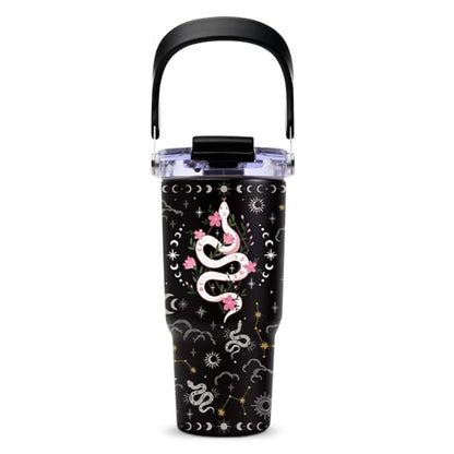 Black Gothic Pink Snake Tumbler with Top Handle and Flip Straw Lid 20oz Black Celestial Stainless Steel Insulated Travel Cups - Witchy Gifts for Women Christmas Birthday Goth Aesthetic Coffee Mugs - color: Snake01