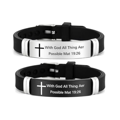 2Pcs Cross Bracelet with Bible Verse,Inspirational Quote Wristband Adjust Silicone Band Scripture Bracelets Faith Inspirational Baptism Gift Daily Reminder Jewelry for Men Women Couples - style: Mat 19 26