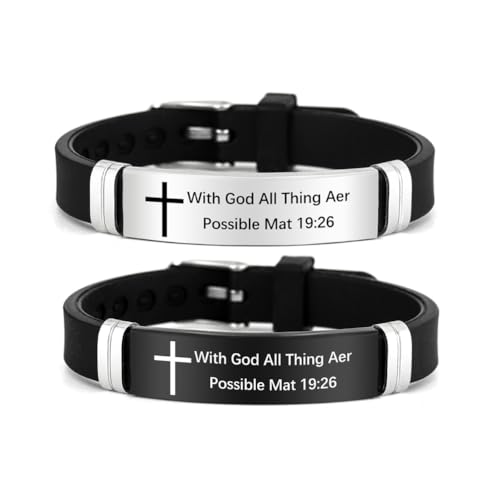 2Pcs Cross Bracelet with Bible Verse,Inspirational Quote Wristband Adjust Silicone Band Scripture Bracelets Faith Inspirational Baptism Gift Daily Reminder Jewelry for Men Women Couples - style: Mat 19 26