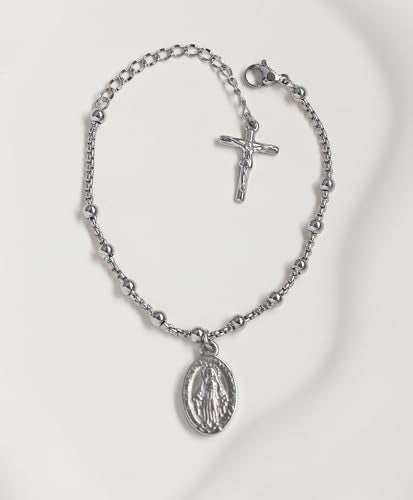 Rnivida 14K Gold Plated Stainless Steel Catholic Rosary Bracelet for Women,Religious Gift for Confirmation Baptism First Communion Easter - color: Silver 01