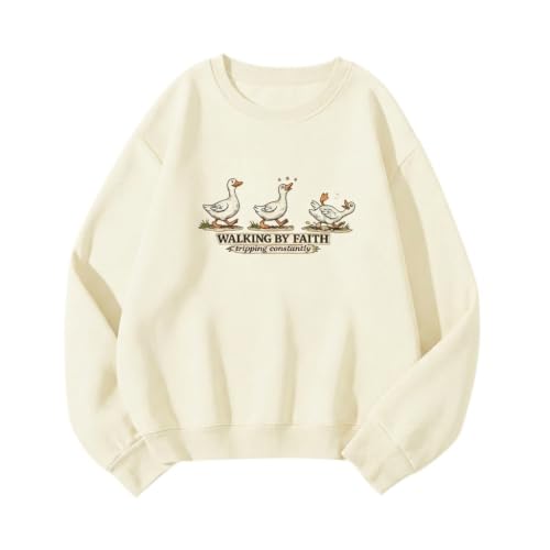 Silly Goose Christian Sweatshirts for Women Walking by Faith Tripping Constantly Sweatshirt Cute Graphic Crewneck - color: Apricot, size: X-Large