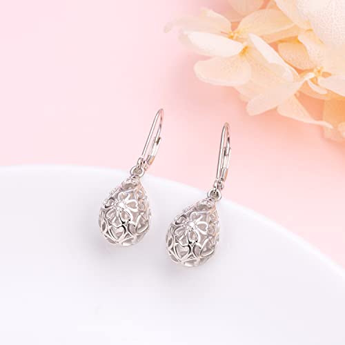 925 Sterling Silver Filigree Dangle Drop Leverback Teardrop Earrings - color: Cherry Blossoms Filigree