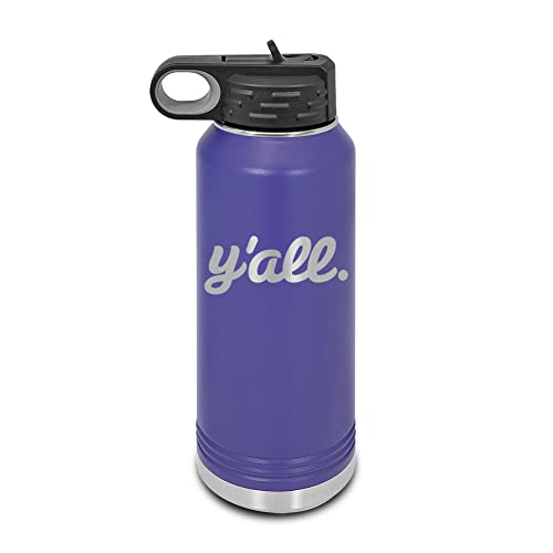 Y'all Laser Engraved Water Bottle Customizable Polar Camel Stainless Steel with Straw - southern script you all you’ll Purple 32 oz - color: Purple