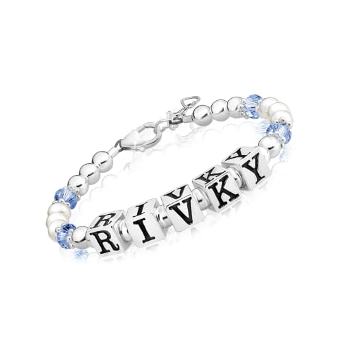 Baby Crystals Sterling Silver Cross Charm | White Pearl Baptism Bracelet - style: Personalized Birthstone Name
