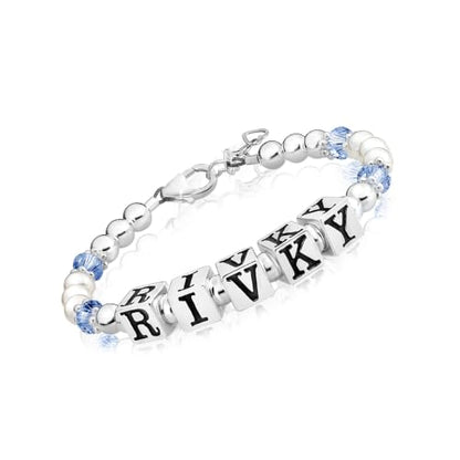 Baby Crystals Sterling Silver Cross Charm | White Pearl Baptism Bracelet - style: Personalized Birthstone Name