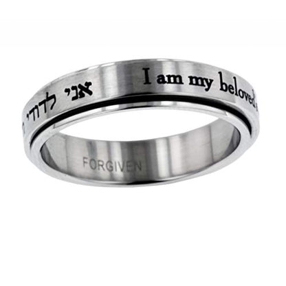 FORGIVEN JEWELRY Hebrew Text I am my beloved's Stainless Steel Spinner Ring