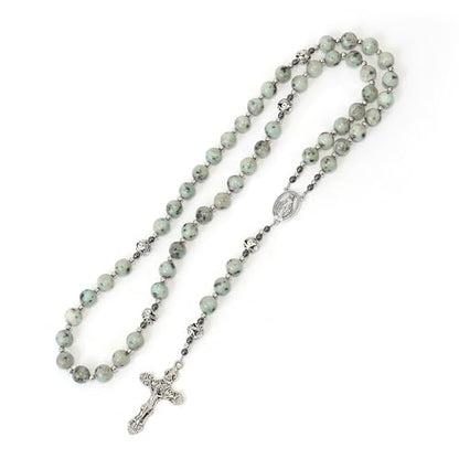 Nazareth Store Genuine Rosary Stone Beads Necklace Metal Beaded Glory Beads Miraculous Medal & Silver Cross Crucifix For Men and Womens - color: Dalmation Jasper
