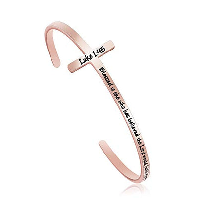 Memgift 𝐂𝐫𝐨𝐬𝐬 𝐁𝐫𝐚𝐜𝐞𝐥𝐞𝐭 Religious Cuff Bangle 𝐁𝐢𝐛𝐥𝐞 𝐕𝐞𝐫𝐬𝐞 Christian Gifts Jewelry for 𝐖𝐨𝐦𝐞𝐧 - style: Rose gold-Blessed is she who has believed ... to her -Luke 1:45