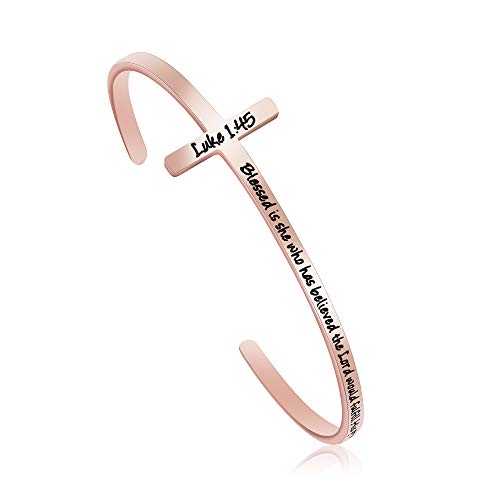 Memgift 𝐂𝐫𝐨𝐬𝐬 𝐁𝐫𝐚𝐜𝐞𝐥𝐞𝐭 Religious Cuff Bangle 𝐁𝐢𝐛𝐥𝐞 𝐕𝐞𝐫𝐬𝐞 Christian Gifts Jewelry for 𝐖𝐨𝐦𝐞𝐧 - style: Rose gold-Blessed is she who has believed ... to her -Luke 1:45