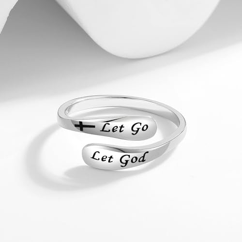 925 Sterling Silver Inspirational Adjustable Rings - Personality Encouragement Jewelry Gift For Women - style: Let Go Let God