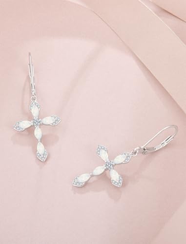 Birthstone Cross Earrings for Women 925 Sterling Silver - color: 10 October - Opal