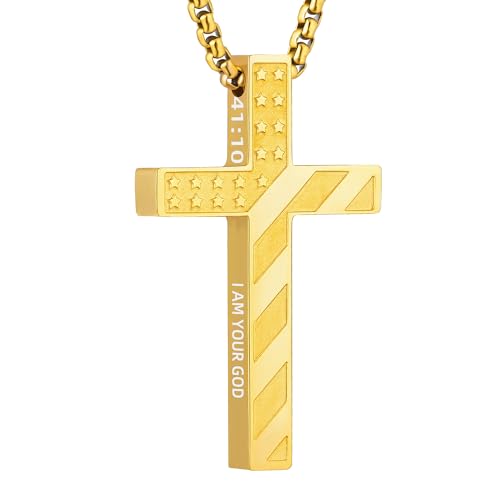 Cross Necklace for Men Black Gold Silver American Flag Pendant Chain Bible Verse Stainless Steel Necklaces Mens Stocking Stuffers for Christmas Christian Gifts - color: gold, style: 41:10-