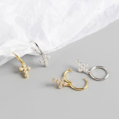 925 Sterling Silver Dangle Earrings Heart Star Cross Drop Earrings Dainty Gold Trendy Cute Earrings for Women - color: Cross, gold