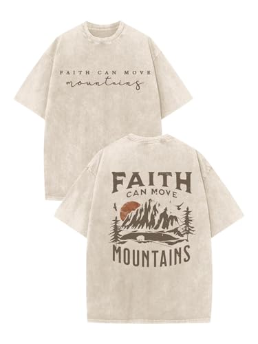 Men's Graphic Shirt Faith Can Move Mountains Shirt Oversized Camping Hiking Tees Acid Wash Casual T-Shirt - color: A Apricot, size: Small