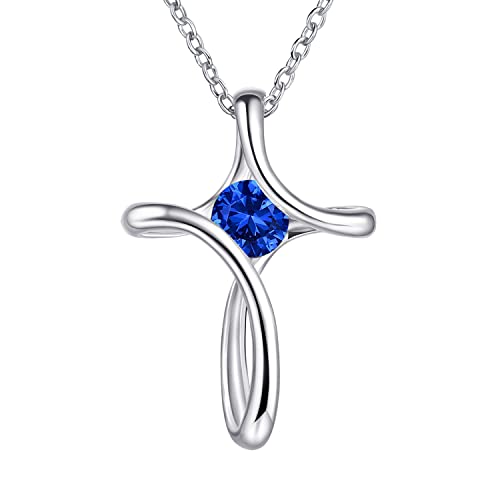 Cross Necklace for Women 925 Sterling Silver Birthstone Necklace for Women - color: 09-Sep-Sapphire