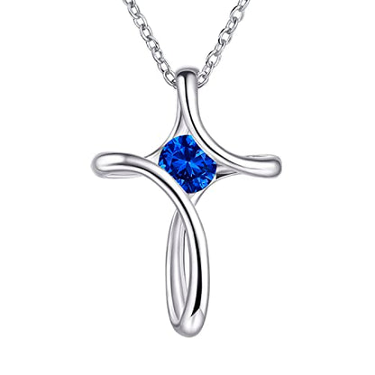 Cross Necklace for Women 925 Sterling Silver Birthstone Necklace for Women - color: 09-Sep-Sapphire