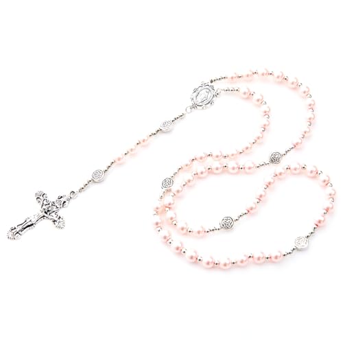 8mm Purple Pearl Beads Catholic Rosary Glass Beaded Acrylic String Necklace White Ceramics Bead Rosary Miraculous Medal Crucifix Cross Gift for Women Girls - color: Light Pink