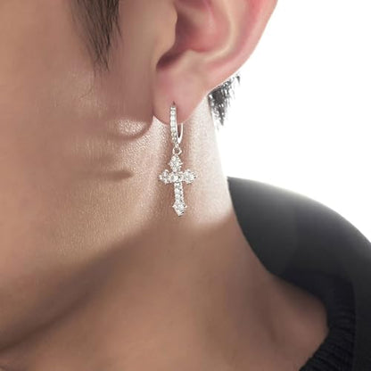 Sterling Silver Cross Drop Earrings, Cubic Zirconia Huggie Hoop, Religious Dangle Crystal Jewelry ER110