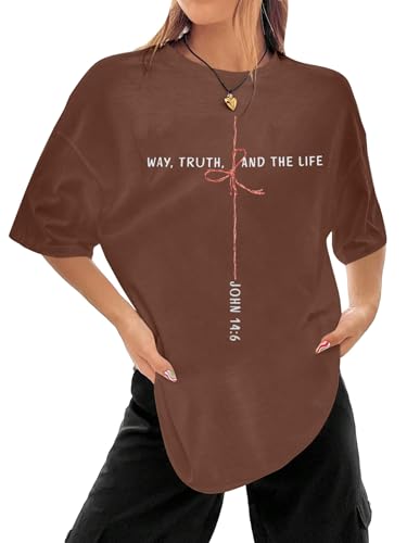 Christian Shirts for Women Oversized Bible Verse T-Shirt Jesus Religious Faithful Shirt Christ Crewneck Tee Top - color: Brown, size: XX-Large