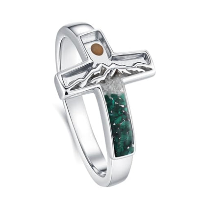 Mustard Seed Ring 925 Sterling Silver Turquoise/Opal/Malachite/Abalone Mountain Cross Ring Jewelry Gift for for Women Girlfriend - style: Malachite&Turquoise