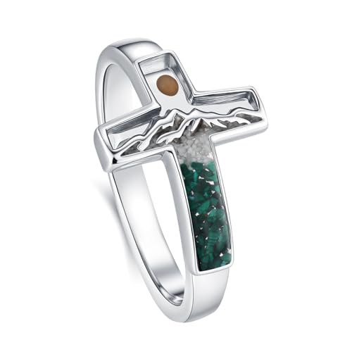 Mustard Seed Ring 925 Sterling Silver Turquoise/Opal/Malachite/Abalone Mountain Cross Ring Jewelry Gift for for Women Girlfriend - style: Malachite&Turquoise