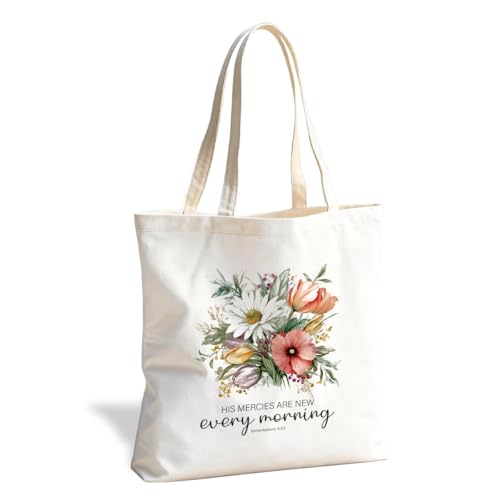 Christian Canvas Tote Bag for Women, Inspirational Faith Shoulder Bag - color: Mercies