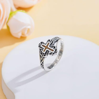 Faith Cross Ring for Women 925 Sterling Silver Wood Cross Ring Inspiring Religious Christian Jewelry Gifts (with Gift Box) - color: 01-Cross Ring