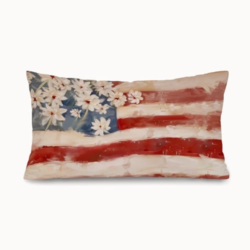 American Flag Floral Patriotic Pillow Covers 12x20 Inch - color: White-flower