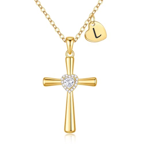 MONOOC Cross Initial Necklace for Women Girls - Christian Birthday Gifts - color: L