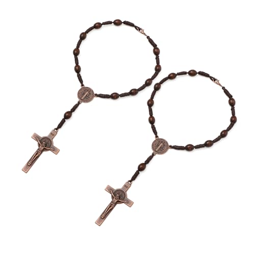 KOMI 2 PCS Wood Rosary Beads for Car Rearview Mirror, Handmade Wooden Rosary with St Benedict Medal and Crucifix Cross Car Rosaries Catholic Gifts - size: 2 pieces Wood