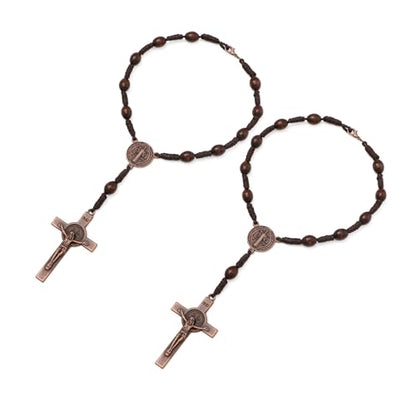 KOMI 2 PCS Wood Rosary Beads for Car Rearview Mirror, Handmade Wooden Rosary with St Benedict Medal and Crucifix Cross Car Rosaries Catholic Gifts - size: 2 pieces Wood