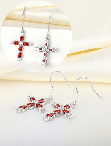 YL 925 Sterling Silver Cross Dangle Earrings Halo Birthstone Hook Earrings Religious Jewelry for Women - color: 1-garnet-Jan