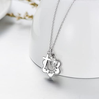 AOBOCO 925 Sterling Silver I Am a Child of God Daisy Necklace Jewelry Birthday Birthday Baptism Communion Gifts for Girls - color: Simulated Diamond
