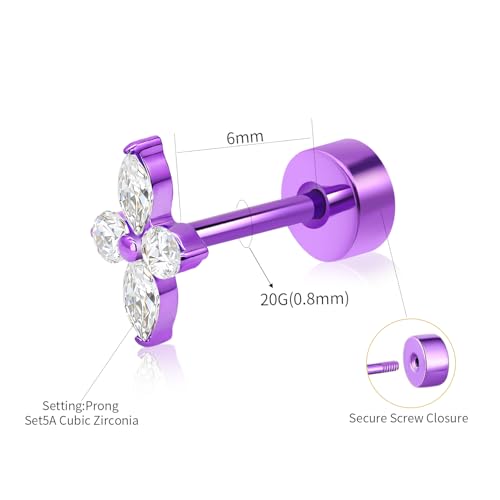 XUU Purple Stud Earrings 20G ASTM F136 Implant-Grade Titanium - color: purple lily