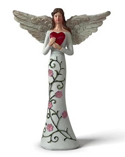Angel Figurine with Red Heart, Floral Resin Statue, 20 cm - size: Angel of Love