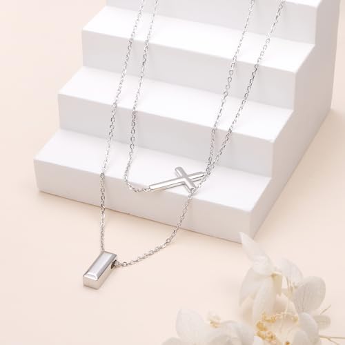 DAOCHONG S925 Sterling Silver Sideways Cross Choker Necklace 14+4 Inch - color: Silver-Layer