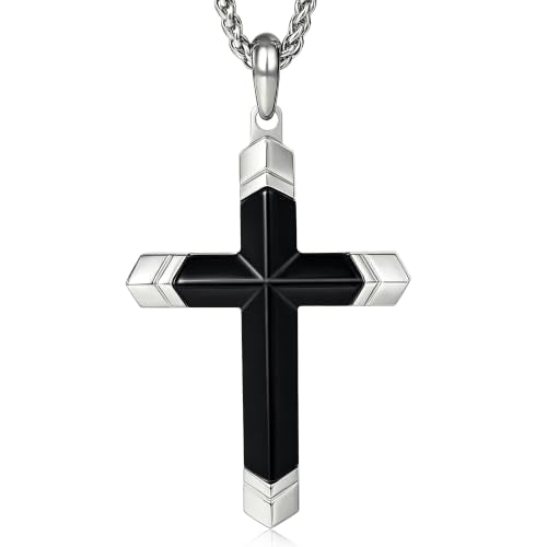 Lapis Lazuli/Amethyst Cross Necklace for Men Waterproof and Sweat-Resistant Suitable for both men and women With Adjustable Box Chain Christian Jewelry Father Day Gifts for Men - color: Black&Silver