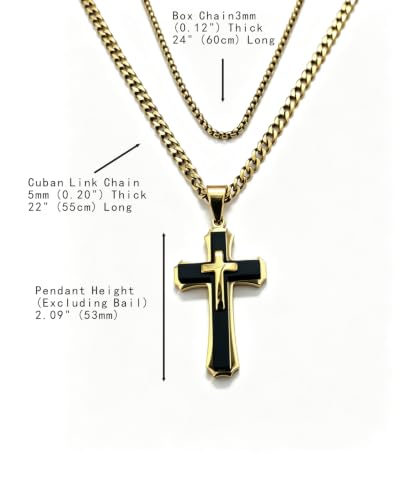 Men's Layered Cross Pendant Necklace, 2.1x1.2 inch Religious Charm, 21.6" 5mm Stainless Steel Cuban Chain, 18K Gold & Black Plated, Bonus 23.6" Square Pearl Chain, Marble Gift Box for Dad - color: Gold & Black