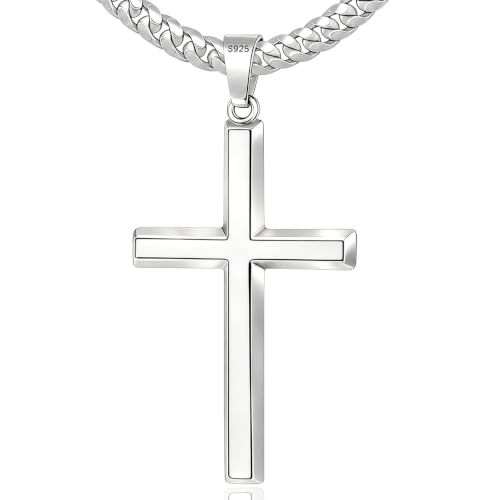 Sterling Silver Beveled Edge Cross Necklace for Men Women, S925 Cross Pendant with 5mm Cuban Chain, Non Tarnish Durable Stainless Steel Necklace, Silver Religious Jewelry, 16-30 Inch - color: Silver Cross Necklace, size: 22 in=56 cm