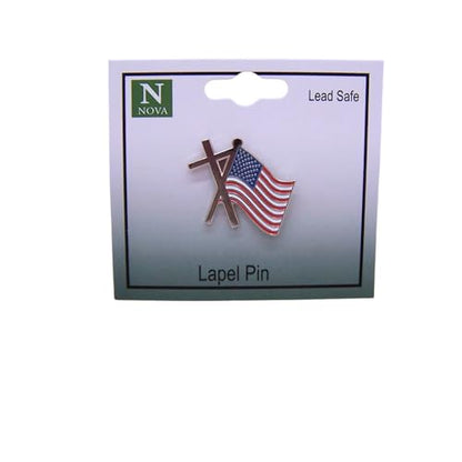 American Flag and Cross Lapel Pin, Silver Plated Enamel, Butterfly Clutch Back, 0.5 Inches