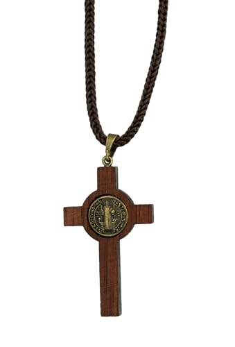 Catholica Shop Saint Benedict Medal Wood Crucifix Cord Necklace for Men & Women – Handcrafted Religious Pendant, Healing, Travel Protection, Perfect for Gifting on Special Occasions, Made in Brazil - style: Small Antique Gold