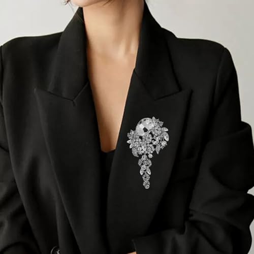 SELOVO Large Long Flower Brooch Pin for Women Wedding Party Brooch Pendant - color: Clear&Silver-tone