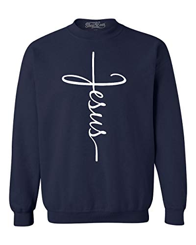 shop4ever Jesus Cross Script Crewneck Sweatshirts - color: Navy Blue, size: 3X-Large
