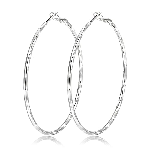 2MM Thin Gold Hoop Earrings Sterling Silver Post Hoop Earrings For Women Diamond-Cut Gold Hoops Earrings 14K Gold Plated Hoops Earrings Lightweight Hypoallergenic Oversize Gold Earrings For Women - color: Silver-50MM