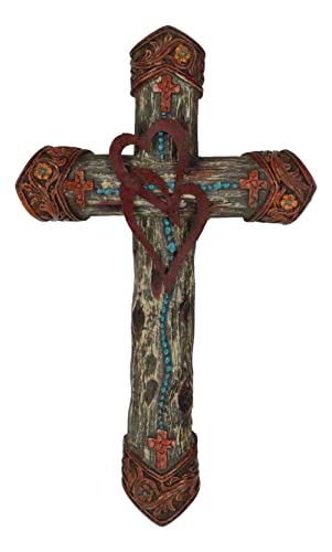 Ebros Gift Rustic Western Farmhouse Tooled 2 Intertwined Hearts Valentine Floral Scrollwork Turquoise Beads Wall Cross Decor Plaque Christian Catholic Decorative Accent Crosses